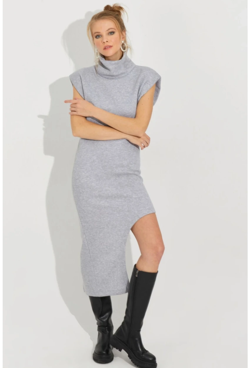 Kadın Gri Asimetrik Midi Elbise SF2196