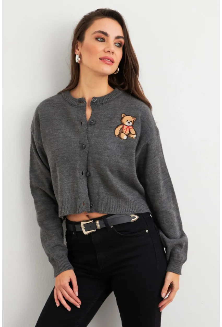 Kadın Gri Ayıcıklı Hırka TEM99