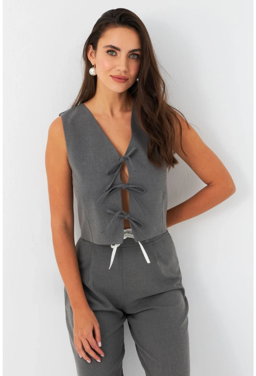 Kadın Gri Bağlama Detaylı Astarlı Yelek ELA6645