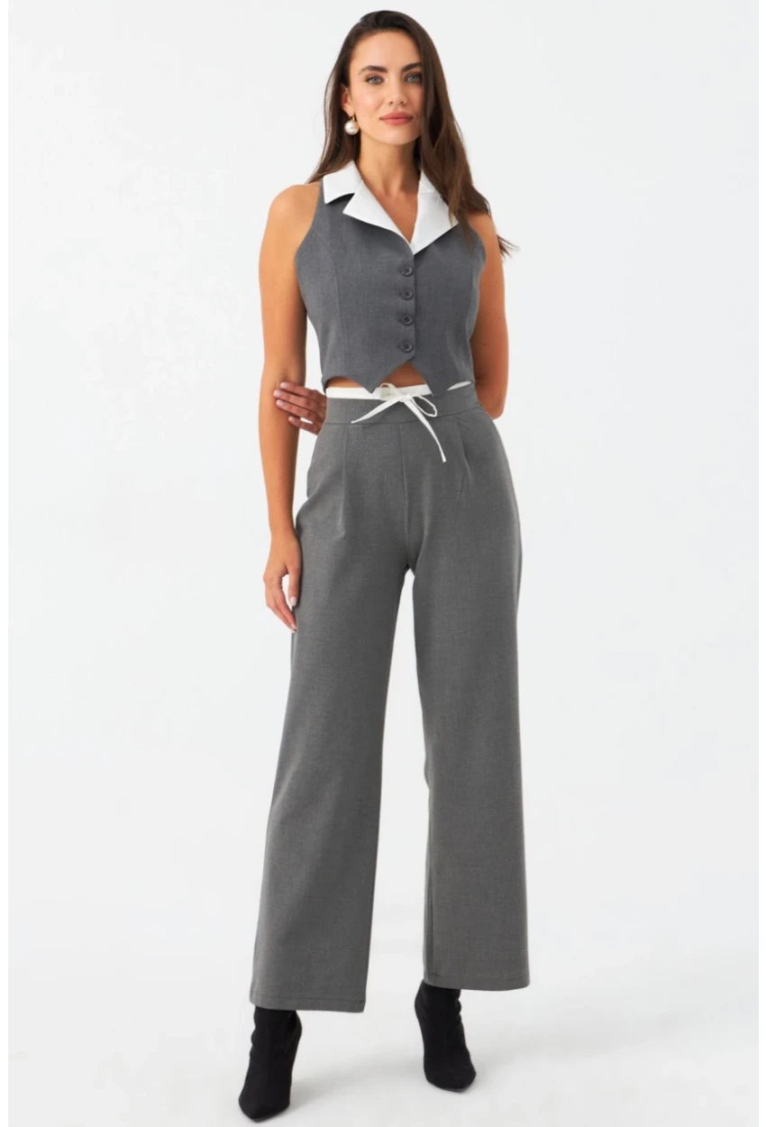 Kadın Gri Beli Bağlamalı Palazzo Pantolon ELA3972