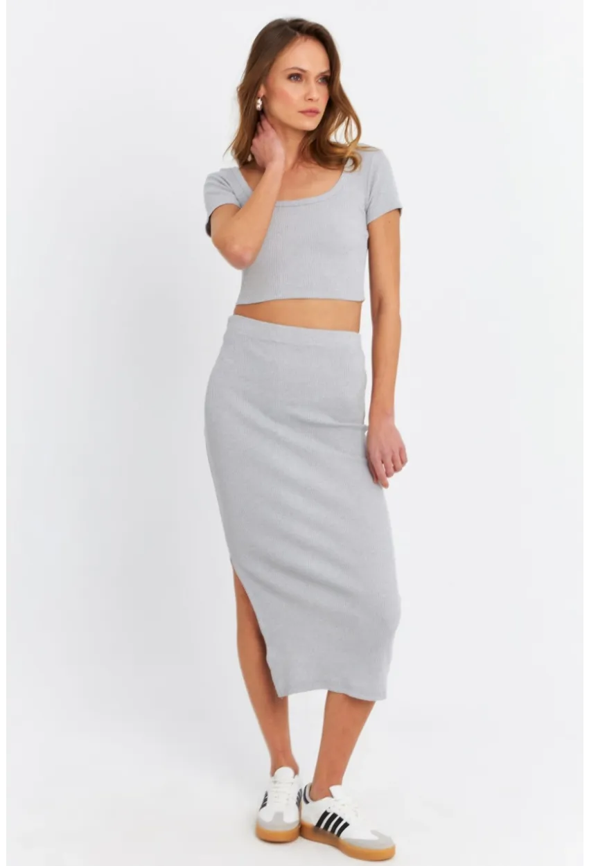 Kadın Gri Crop Etek Takım OR2060