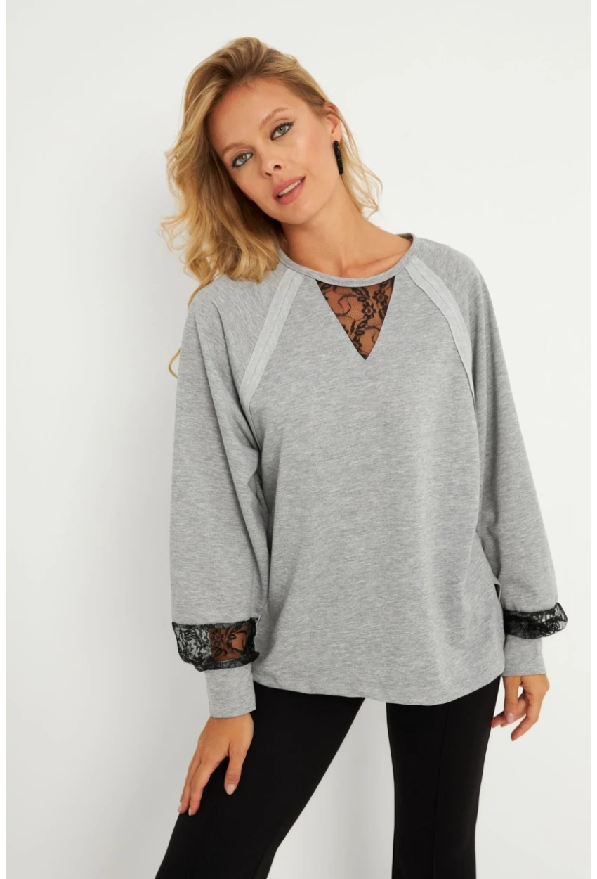 Kadın Gri Dantel Detaylı Sweatshirt EY2906