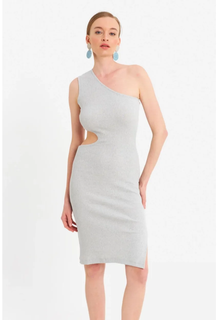 Kadın Gri Dekolteli Kaşkorse Midi Elbise OR2460