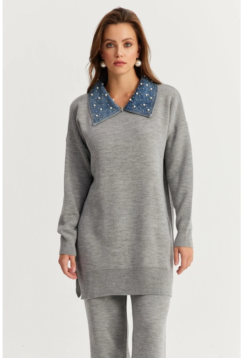 Kadın Gri Denim Yakalı İncili Alt Üst Triko Takım NUV22
