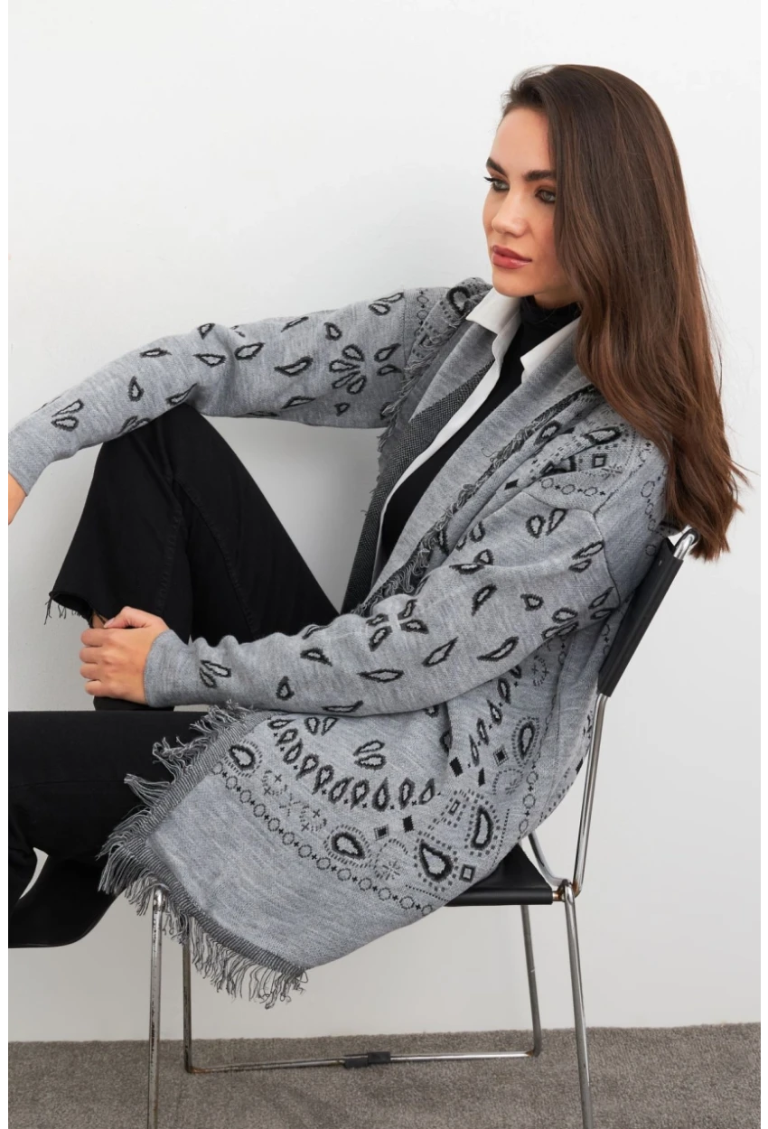 Kadın Gri Desenli Triko Hırka MVI14209