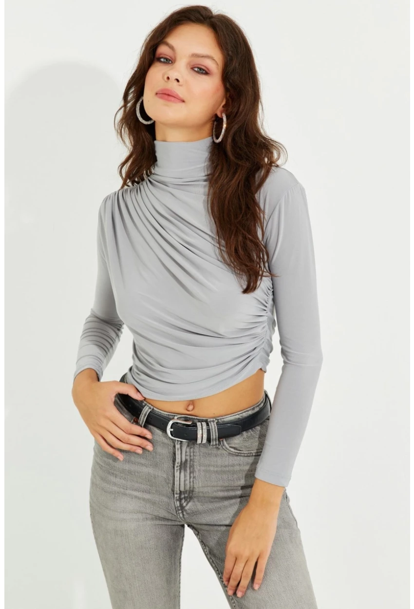 Kadın Gri Drapeli Bluz LPP1226