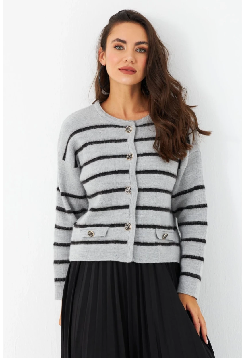 Kadın Gri Düğme Detaylı Hırka MCNG800