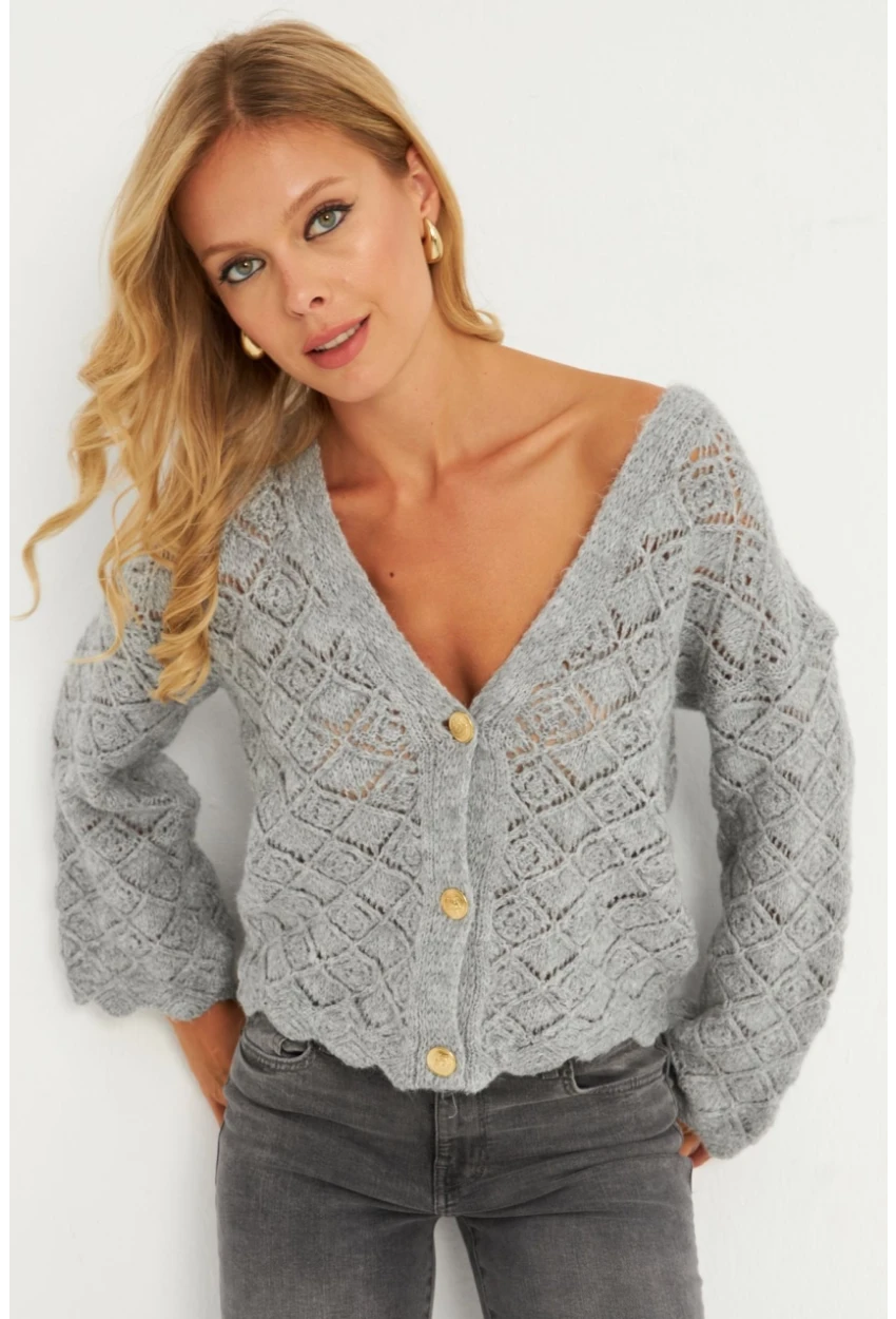 Kadın Gri Düğme Detaylı Hırka YV276