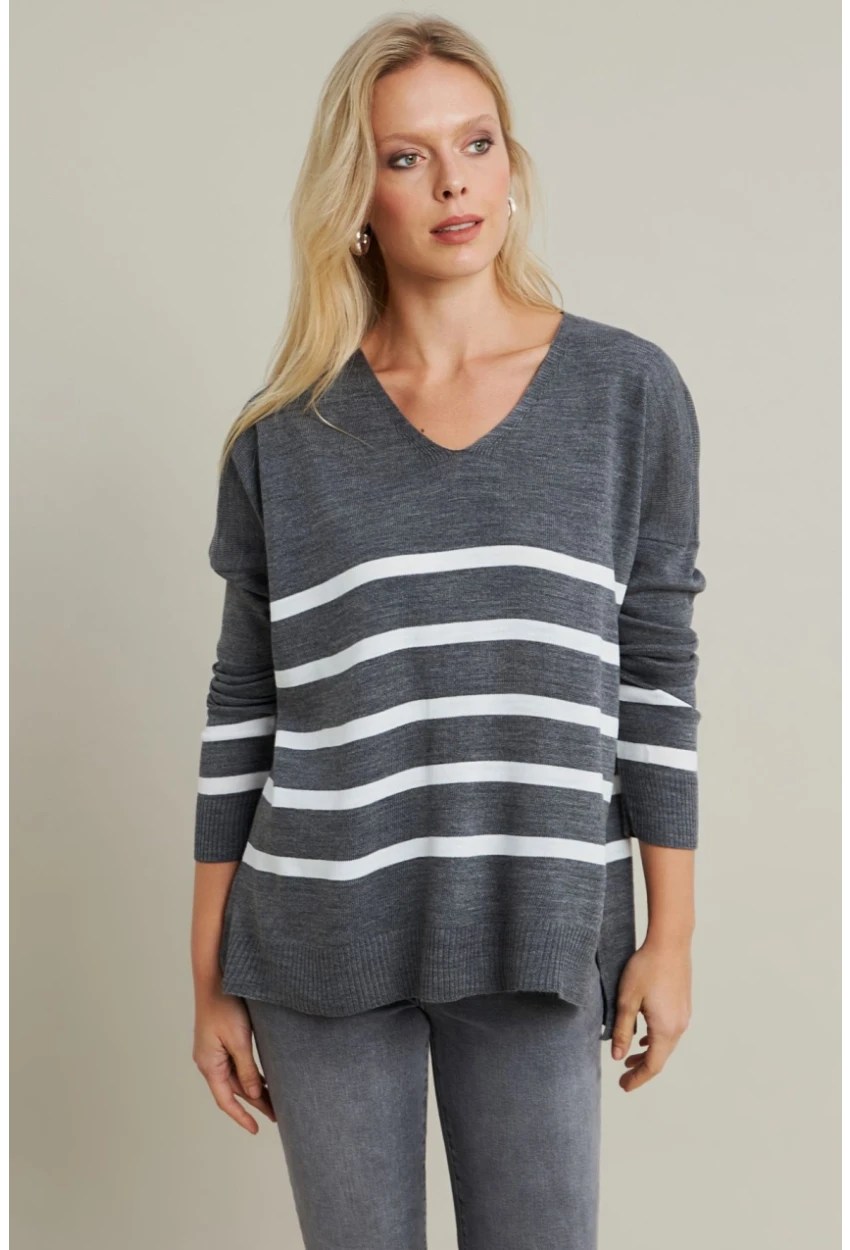 Kadın Gri-Ekru V Yaka Çizgili Triko Kazak MYİL550
