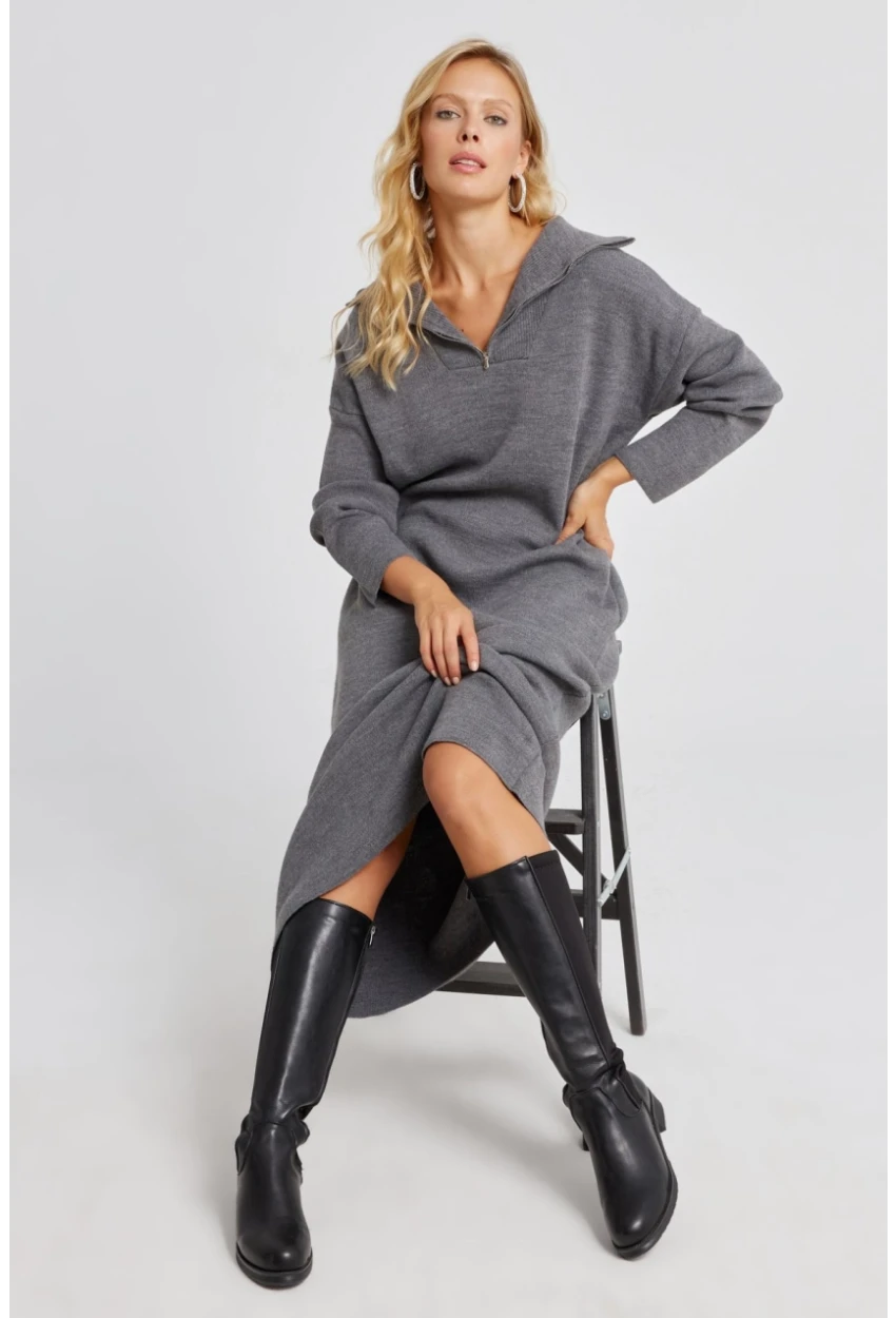 Kadın Gri Fermuarlı Triko Maxi Elbise SF2525