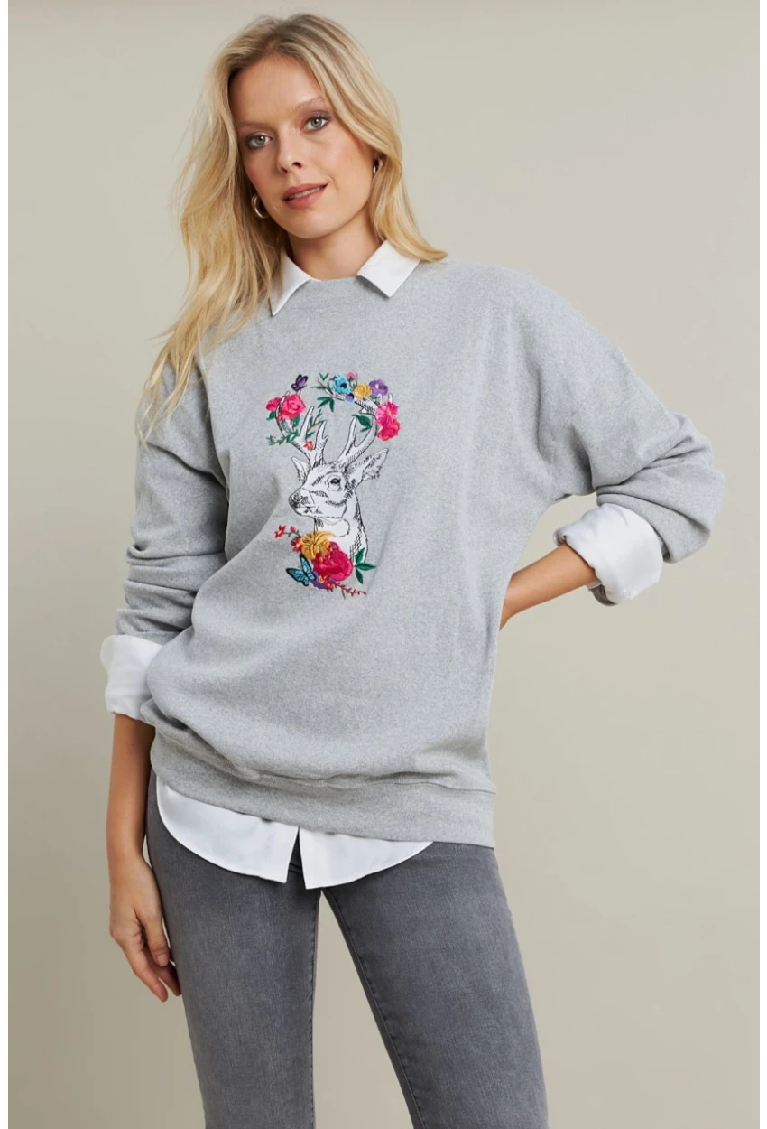 Kadın Gri-Fuşya Nakışlı Sweatshirt YLE20