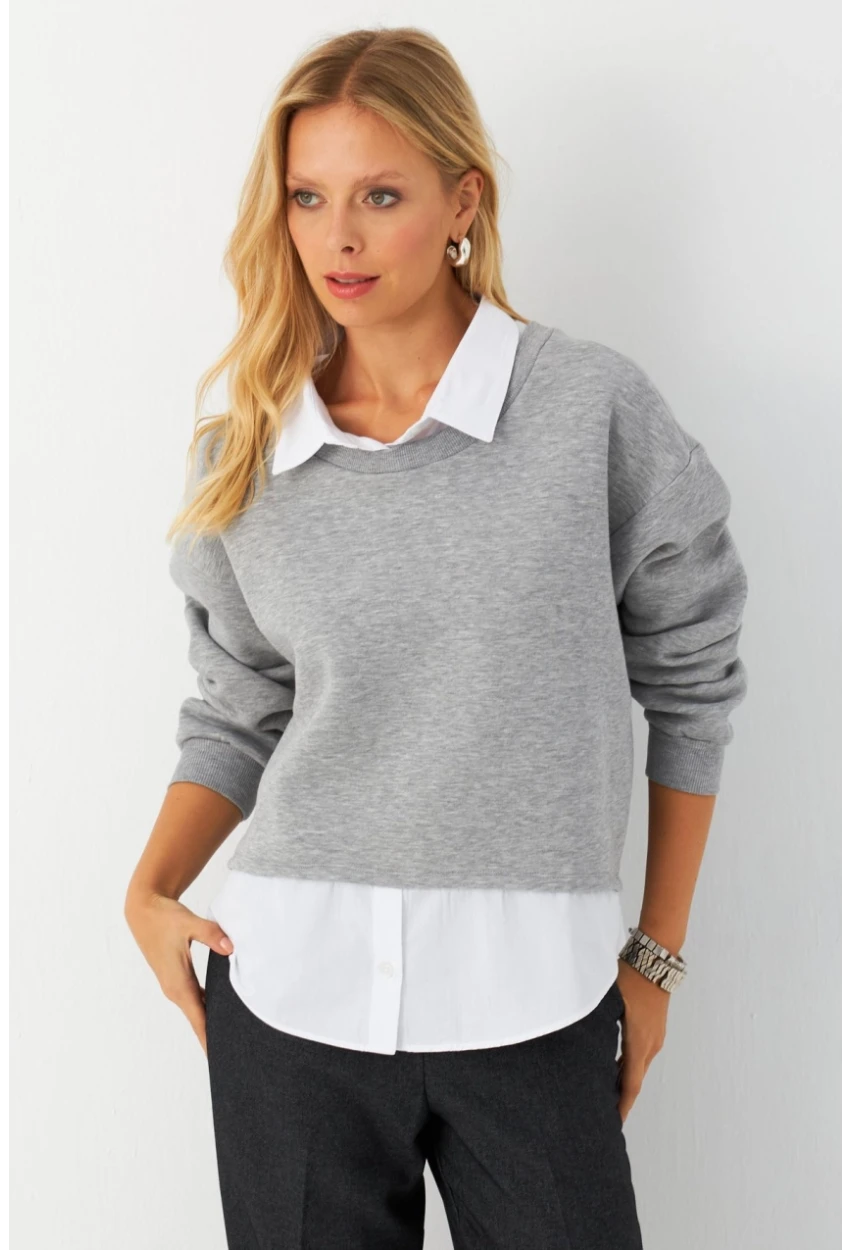 Kadın Gri Gömlek Detaylı Sweatshirt MAYD21