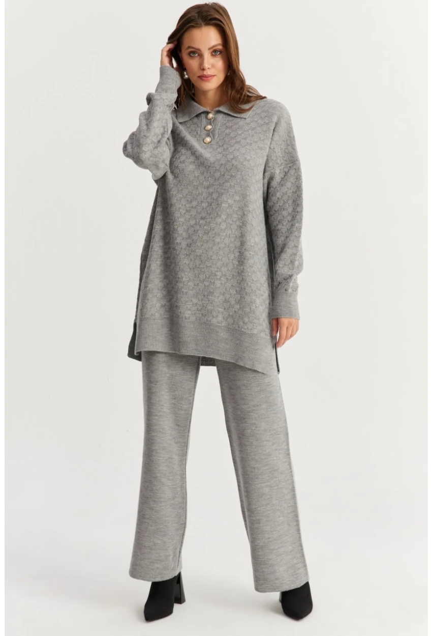 Kadın Gri İnci Düğmeli Triko Alt Üst Takım MNUV33