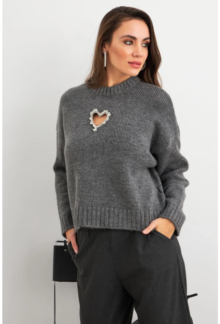 Kadın Gri Kalp Pencereli Kazak TEM101