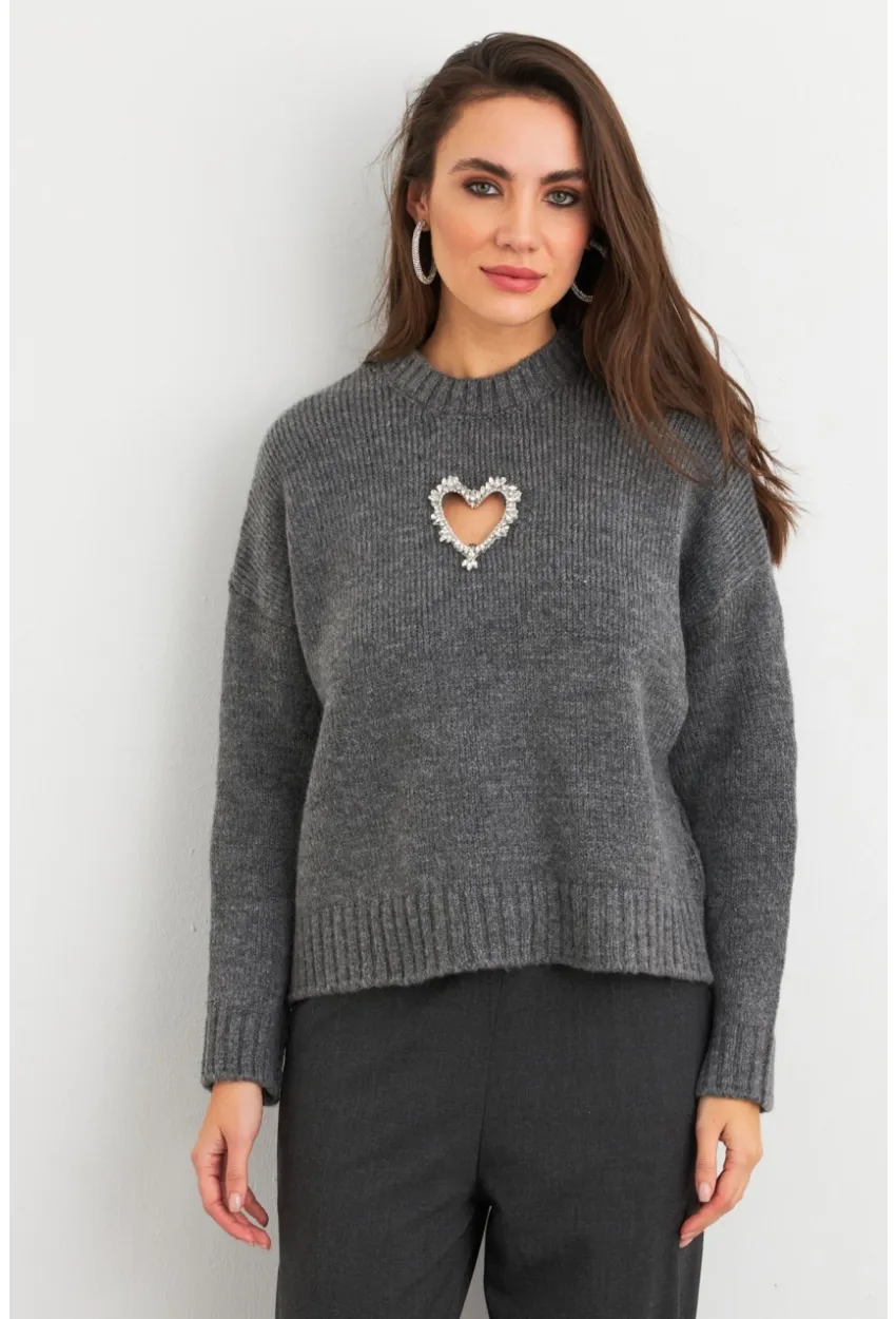 Kadın Gri Kalp Pencereli Kazak TEM101