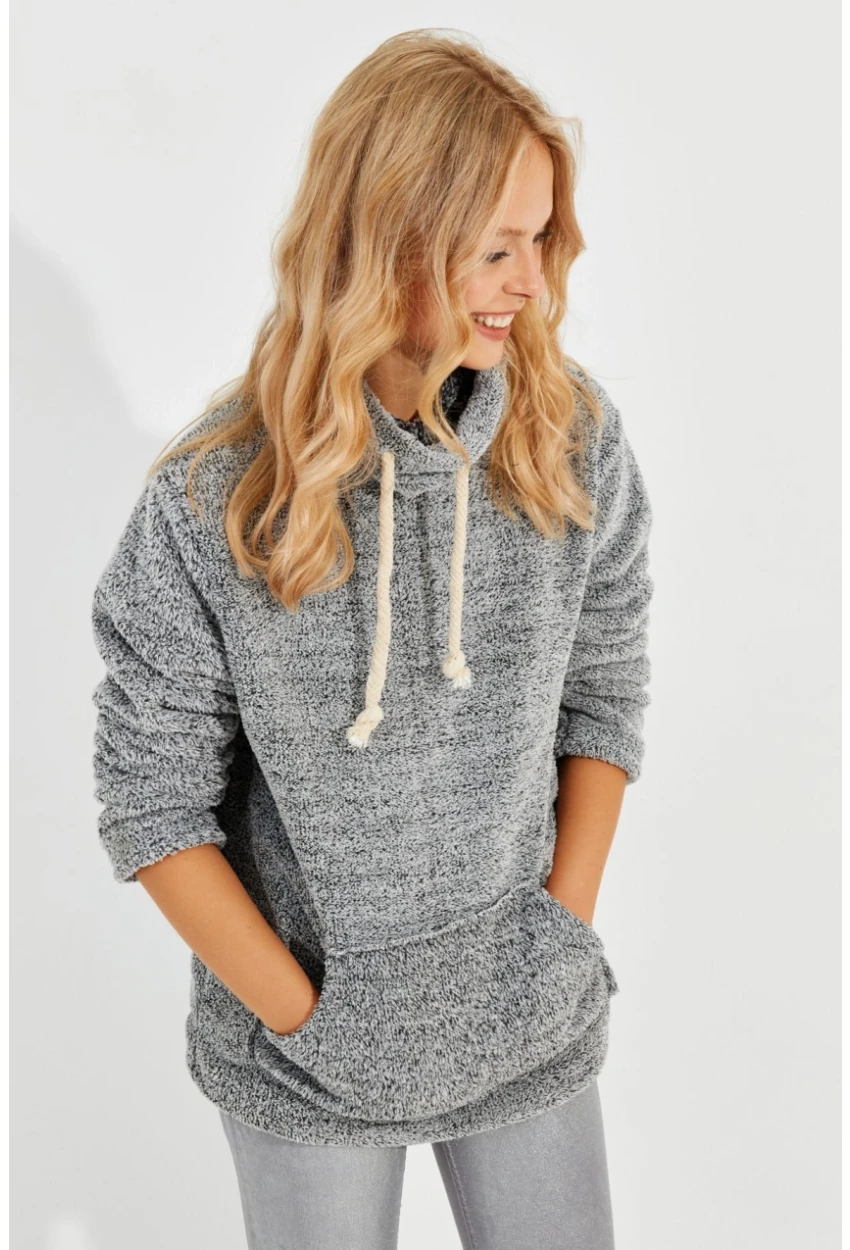 Kadın Gri Kanguru Cep Peluş Sweatshirt Q978