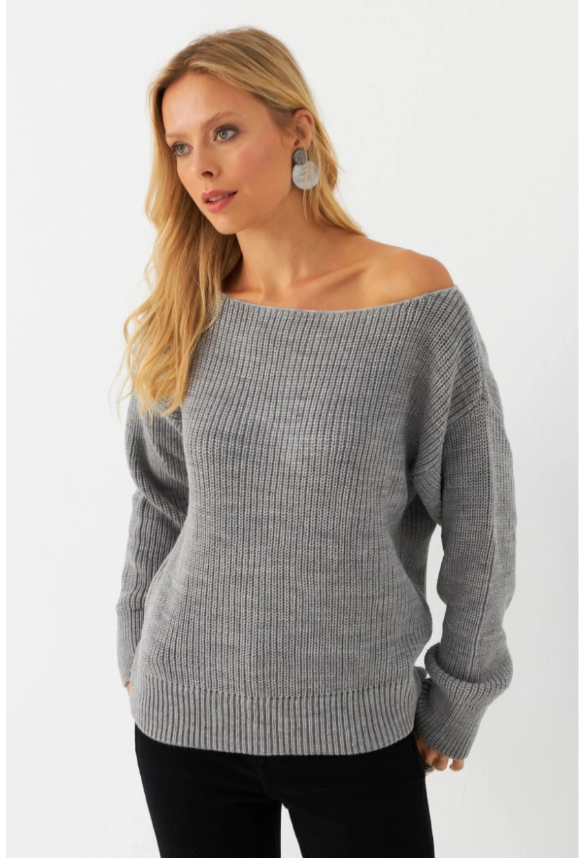 Kadın Gri Kayık Yaka Kazak AYD392