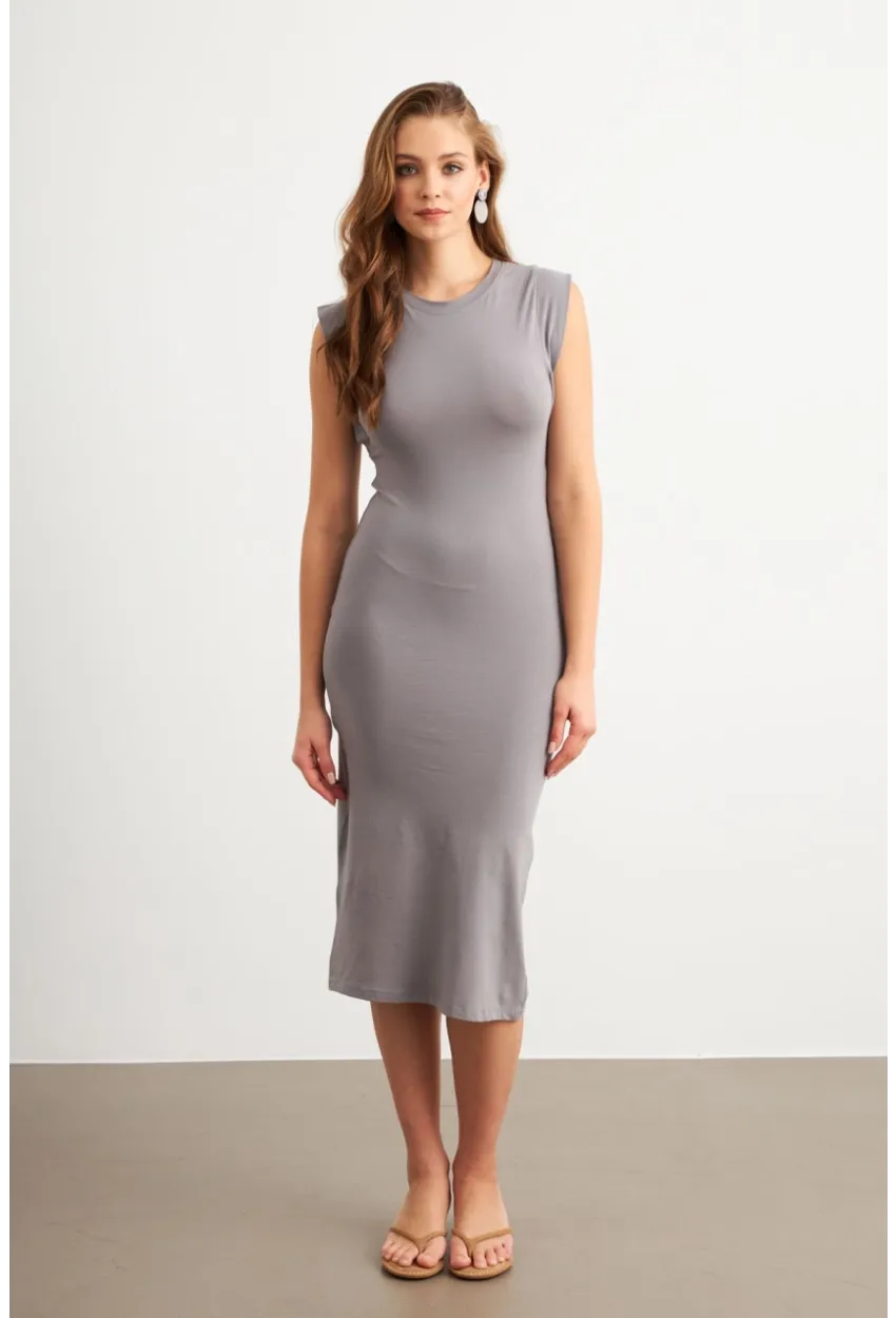Kadın Gri Kolsuz Basic Midi Elbise FLU7109