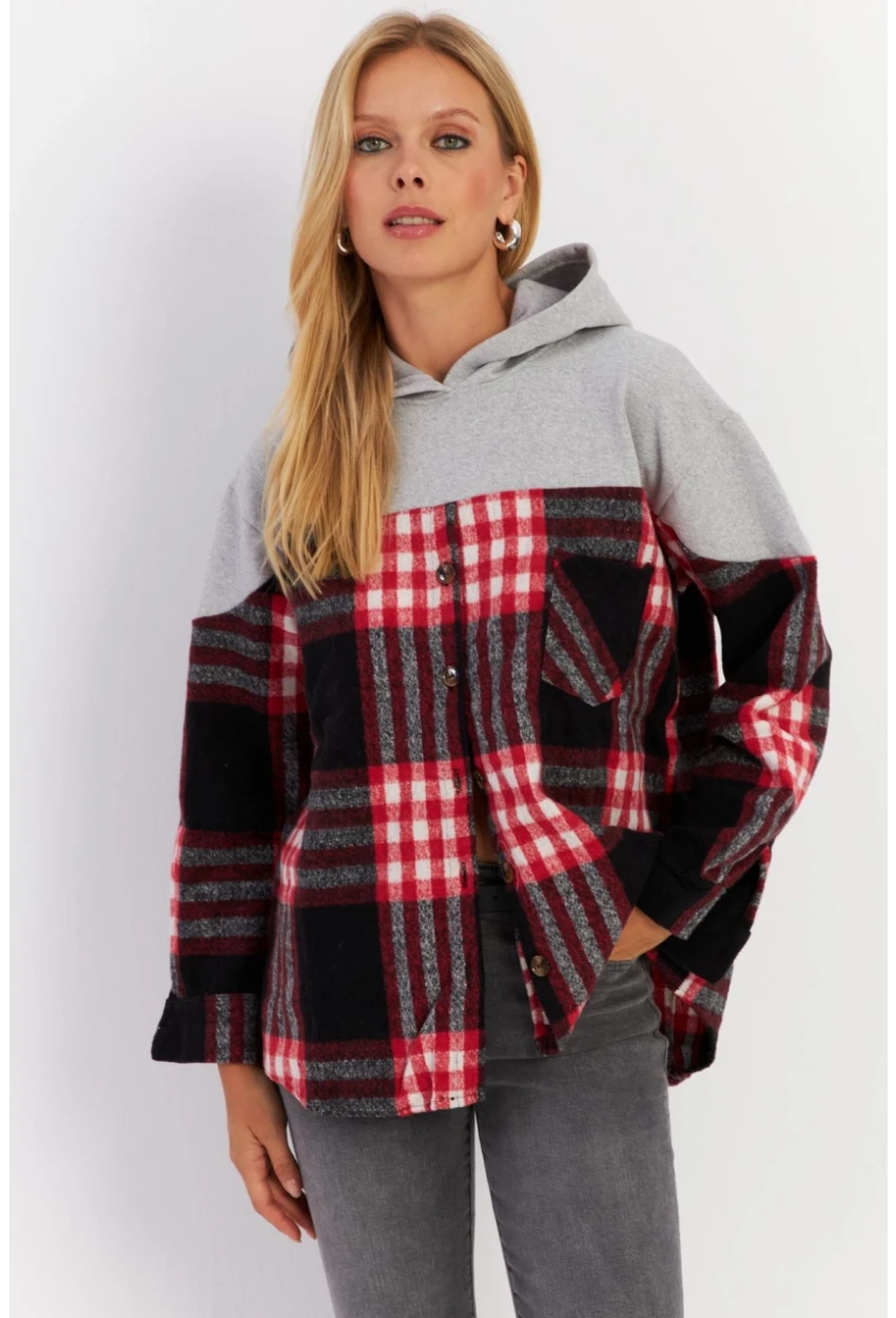 Kadın Gri Kontrast Düğmeli Sweatshirt YLE004