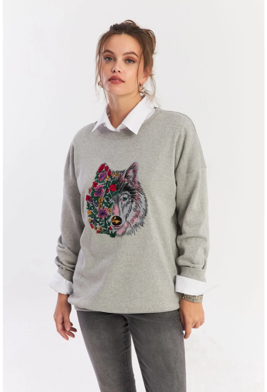 Kadın Gri Nakışlı Sweatshirt YLE20