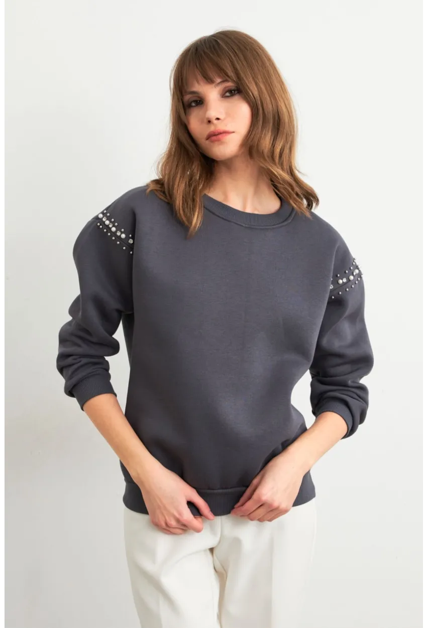 Kadın Gri Omuzları İnci Detaylı Sweatshirt MDY1424