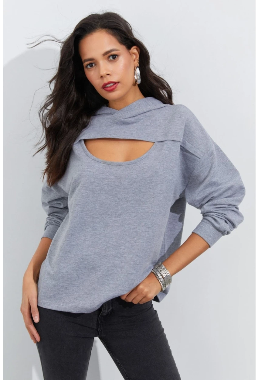 Kadın Gri Önü Pencereli Kapüşonlu Sweatshirt Yİ2486