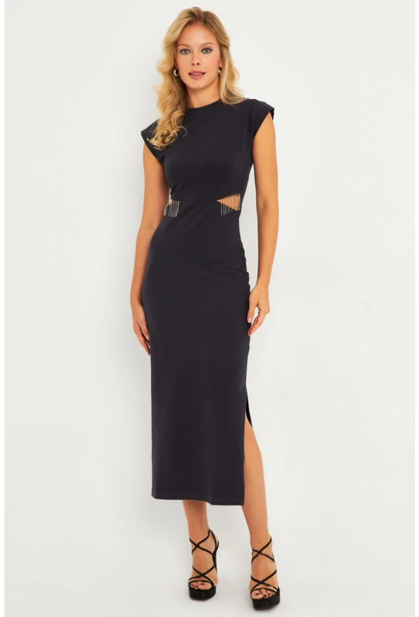 Kadın Gri Pencereli Aksesuarlı Midi Elbise YLE22