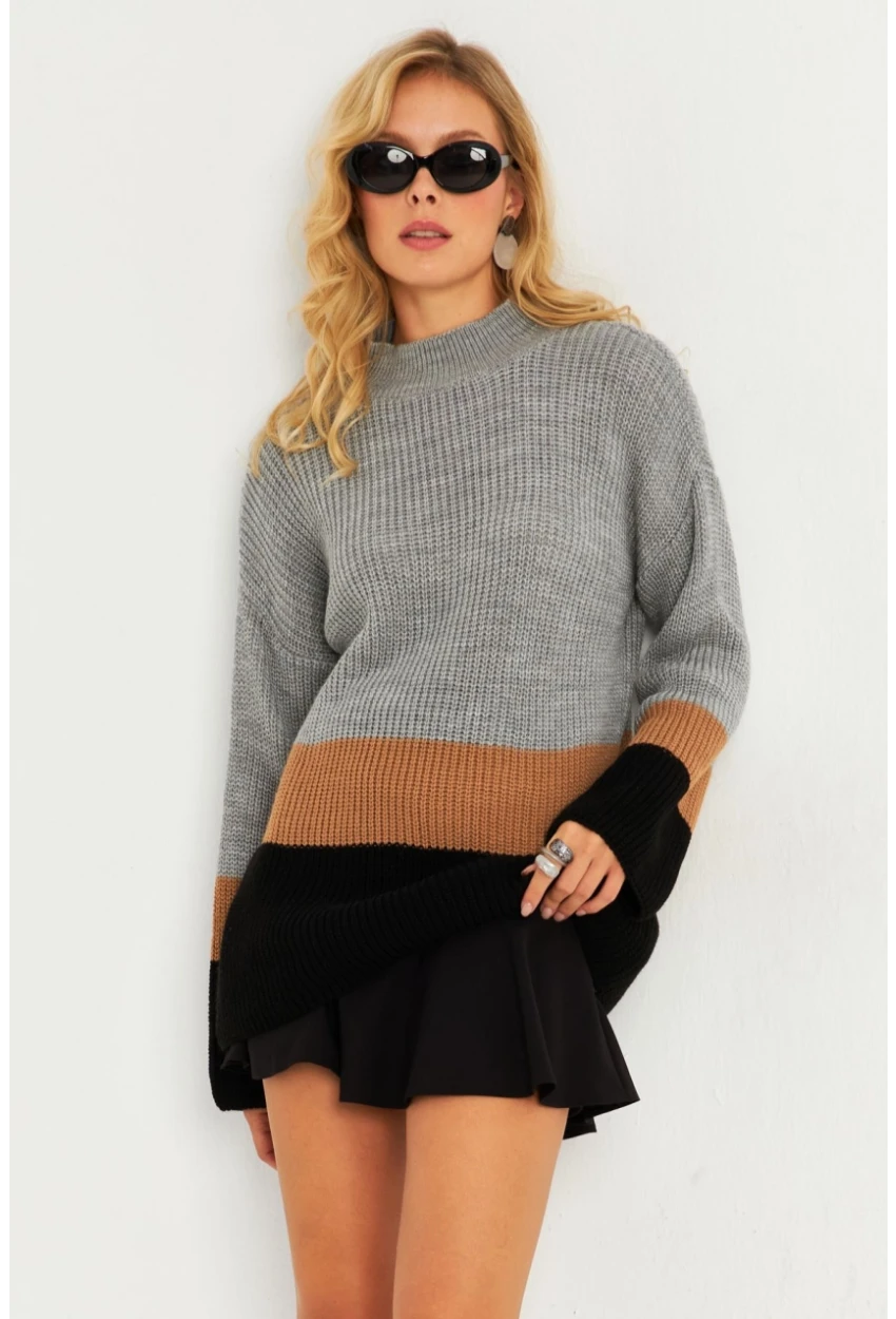 Kadın Gri Renk Bloklu Kazak YV277