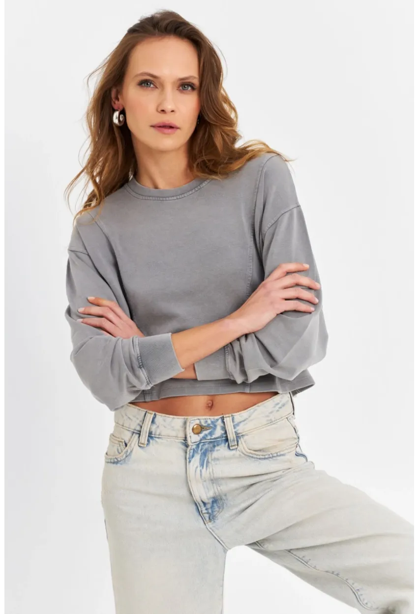 Kadın Gri Salaş Crop Sweatshirt ZH08