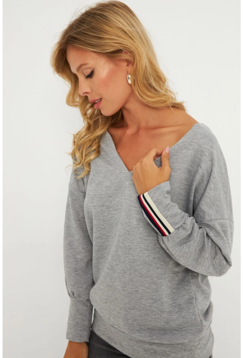 Kadın Gri Şerit Detaylı V Yaka Sweatshirt  EY2905