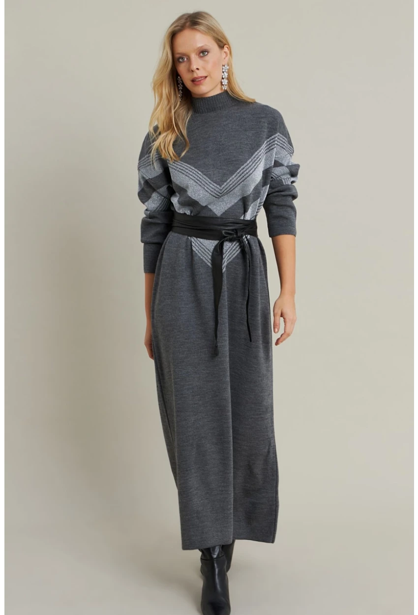 Kadın Gri Simli Maxi Triko Elbise MTC3215