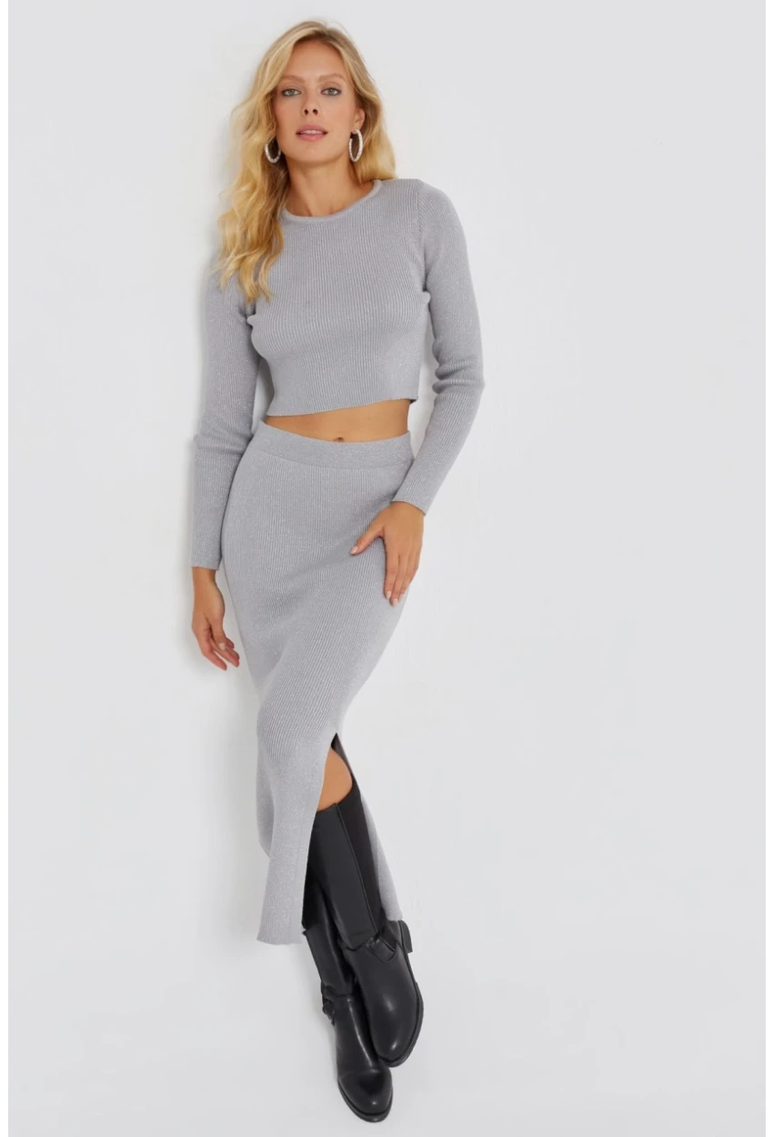 Kadın Gri Simli Triko Etek Takım KZ2497