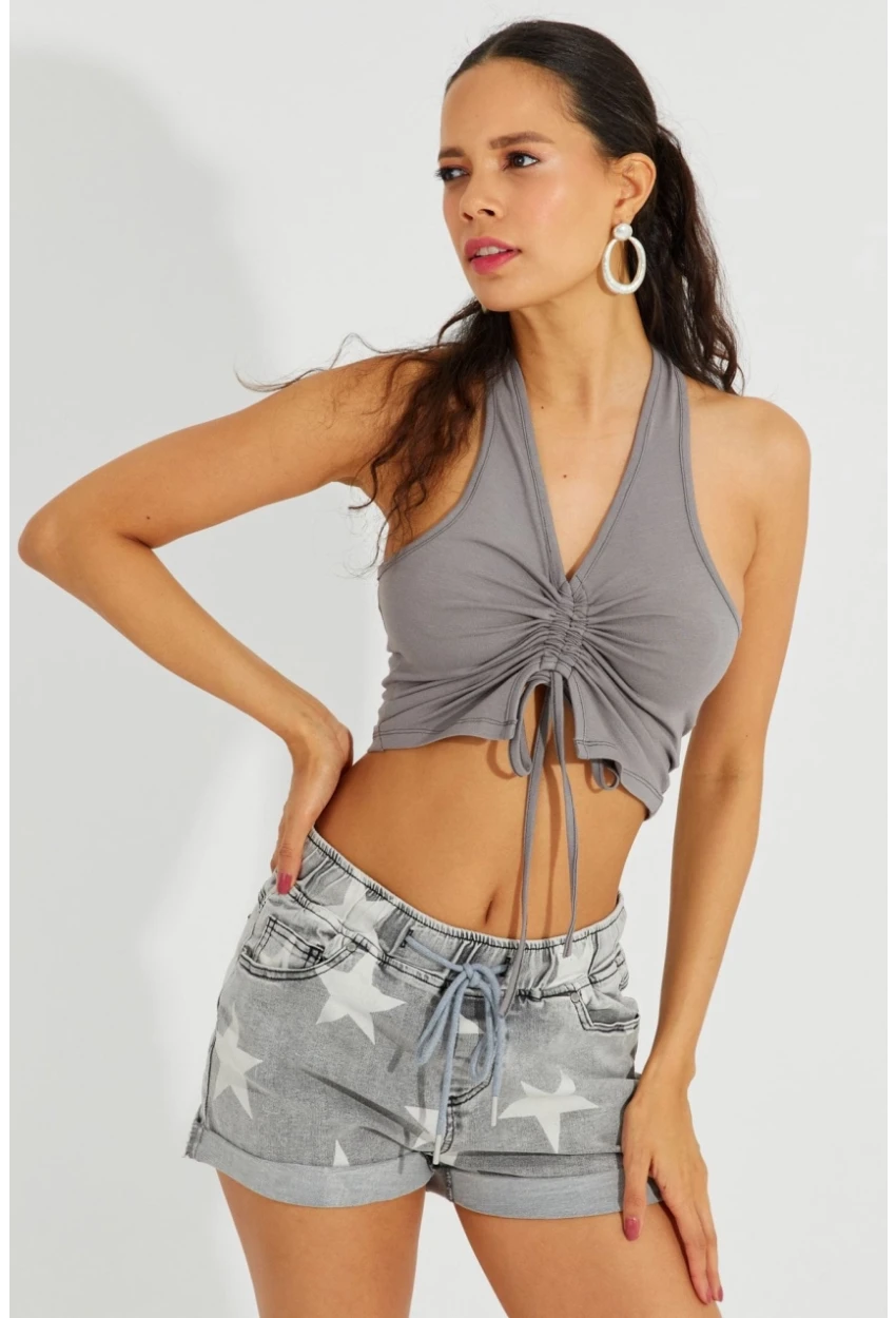 Kadın Gri Sırtı Açık Crop Bluz B2697