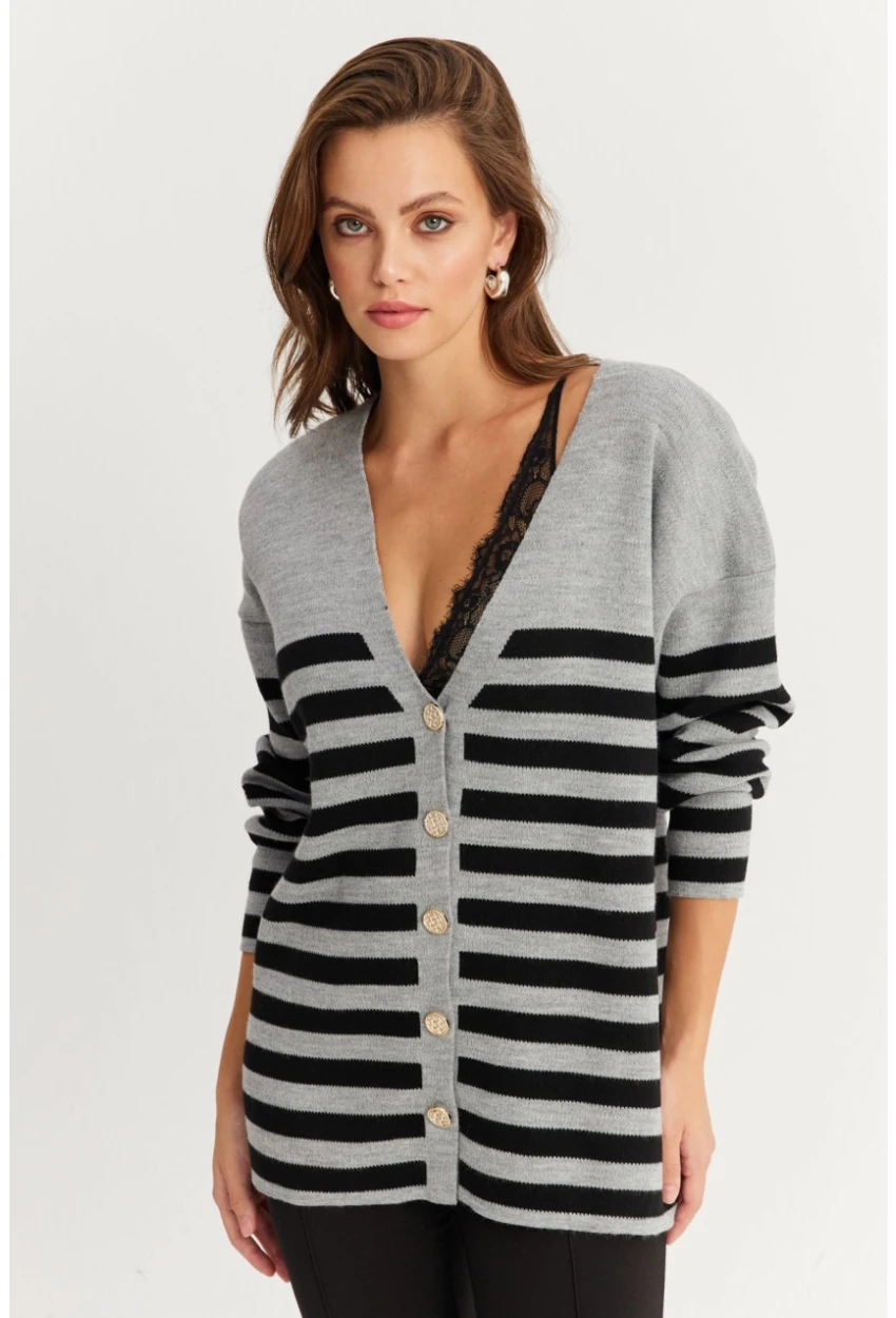 Kadın Gri-Sıyah Çizgili Triko Hırka CNG3