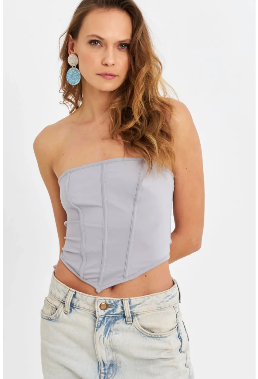 Kadın Gri Straplez Crop Bluz B6081