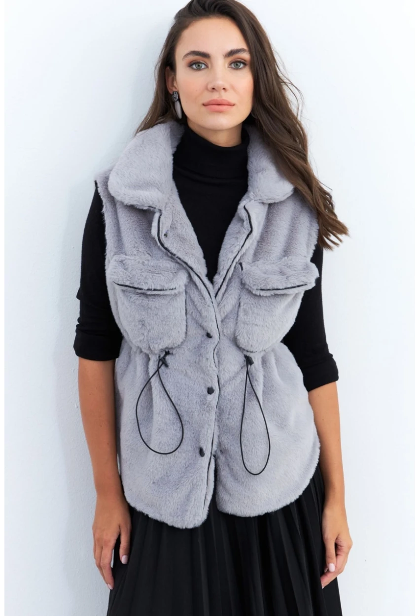 Kadın Gri Suni Kürk Cepli Yelek MK66