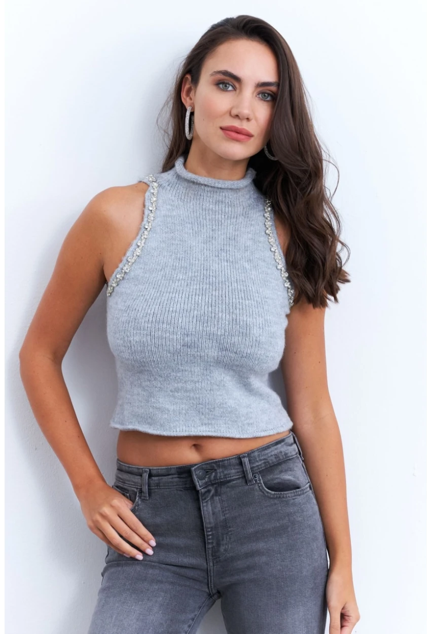 Kadın Gri Taş Detaylı Triko Bluz KED172