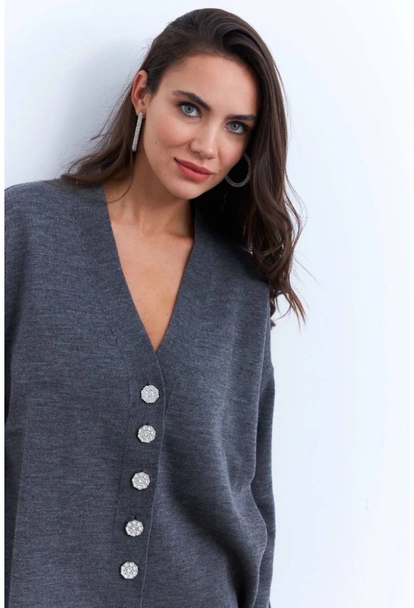 Kadın Gri Taşlı Düğmeli Hırka MİW4572