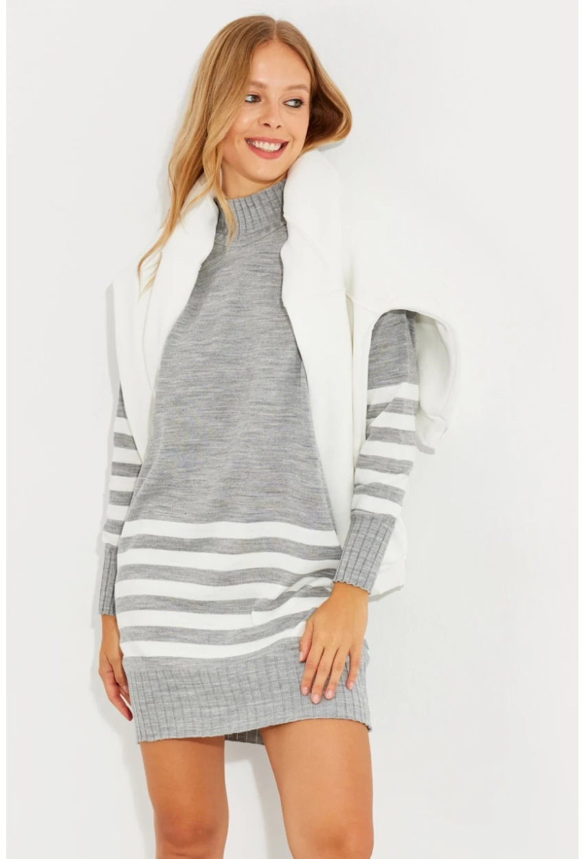 Kadın Gri Triko Çizgili Tunik YV202