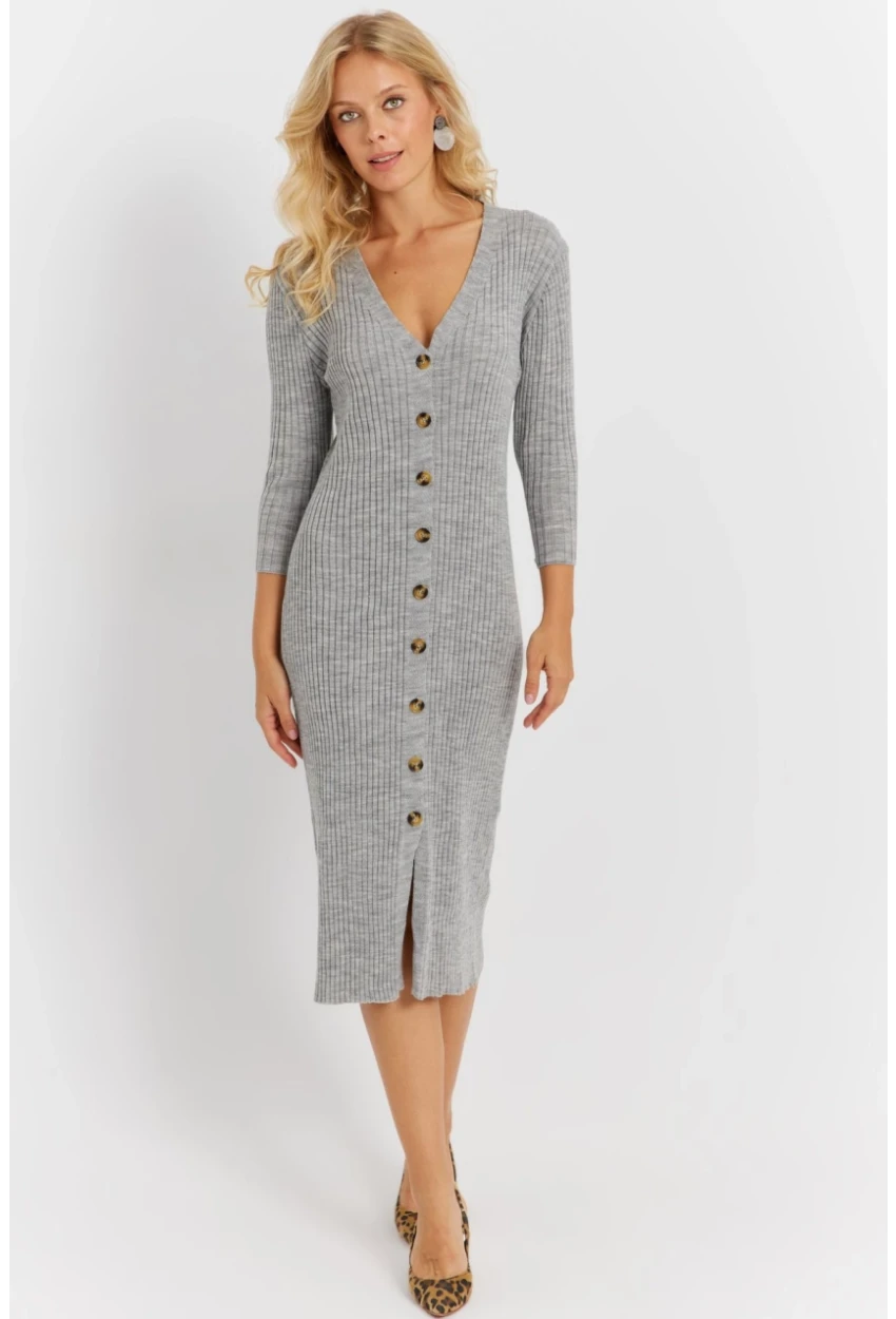 Kadın Gri Triko Midi Gömlek Elbise YV274