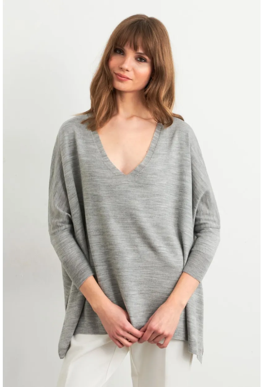 Kadın Gri V Yaka Salaş Bluz YV304