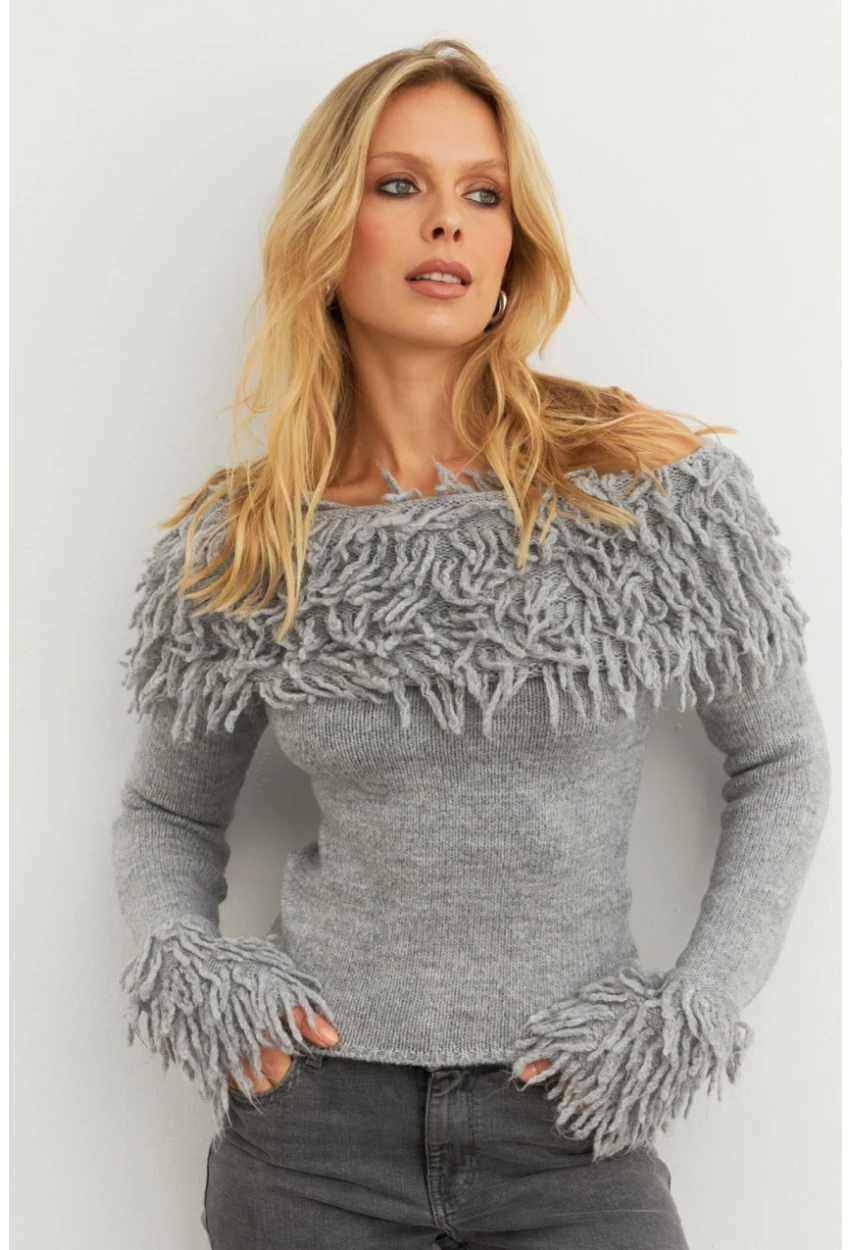 Kadın Gri Yakası Sakallı Madonna Bluz KZ542