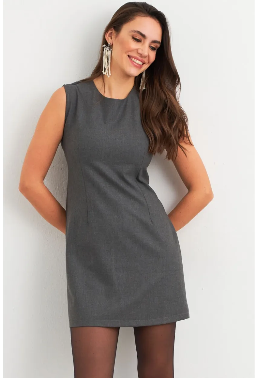 Kadın Gri Yandan Fermuarlı  Basic Midi Elbise ELA6821