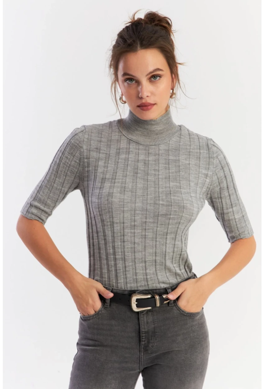 Kadın Gri Yarım Balıkçı Triko Bluz YV287