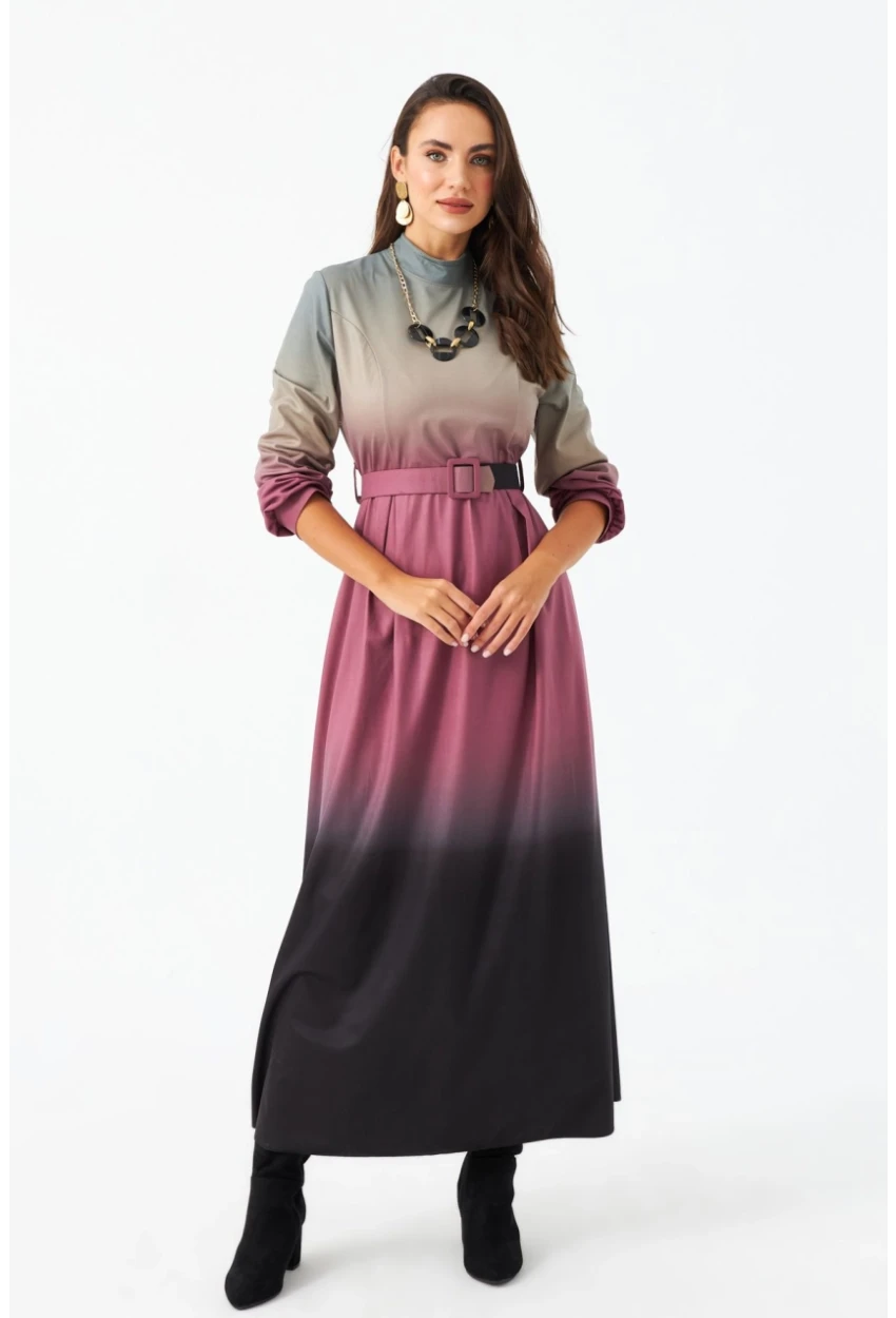 Kadın Gül Kurusu Kemerli Maxi Elbise MHAD4974