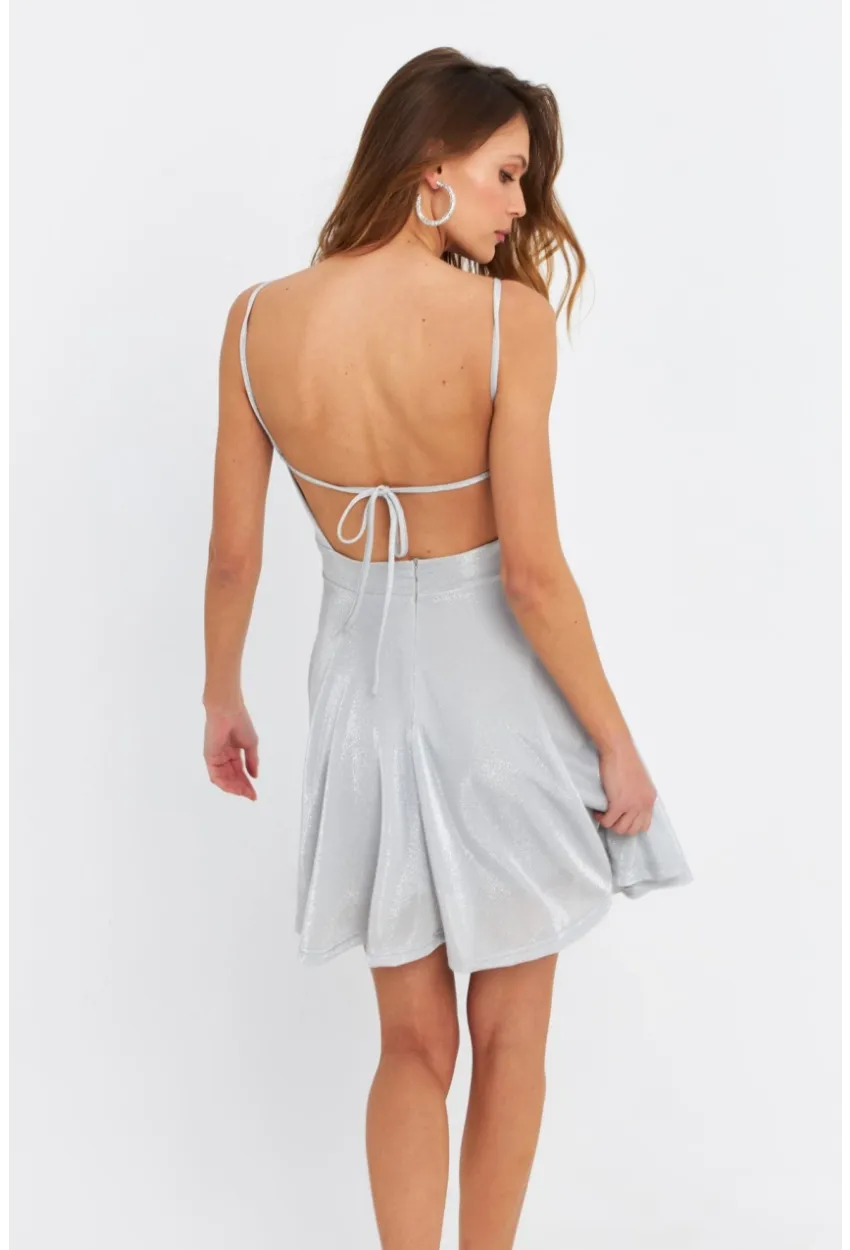 Kadın Gümüş Rengi Kruvaze Simli Astarlı Mini Elbise DCF110