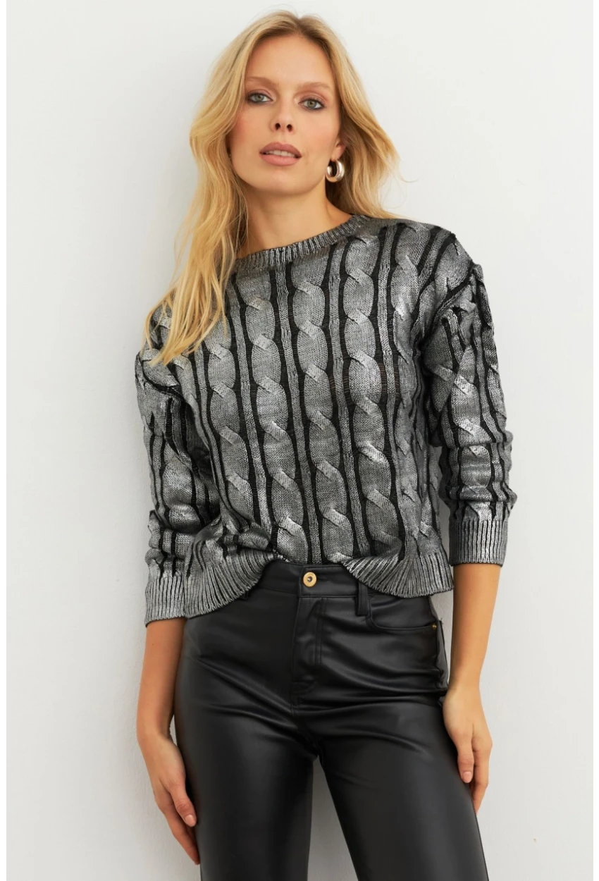 Kadın Gümüş Rengi Saç Örgülü Vatkalı Triko Bluz MRM618