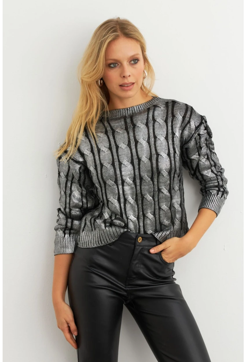 Kadın Gümüş Rengi Saç Örgülü Vatkalı Triko Bluz MRM618