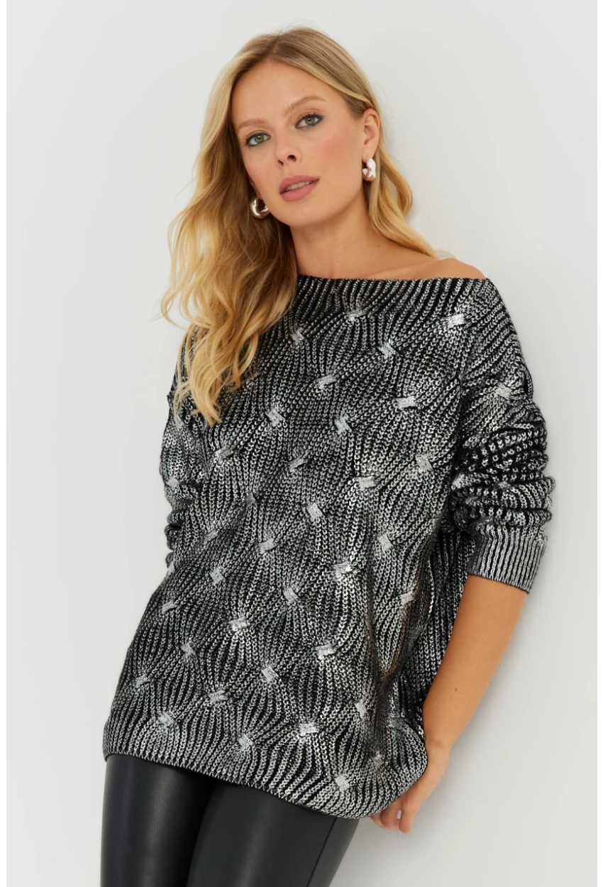 Kadın Gümüş Rengi Varaklı Triko Kazak SF2533