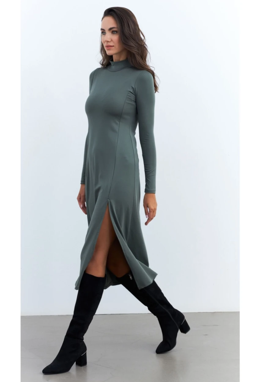 Kadın Haki Balıkçı Yaka Midi Elbise HOR15